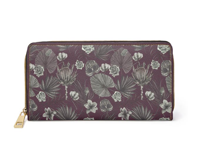 Vintage Tropical Floral Zipper Wallet | Palm Leaves, Neutral Blooms