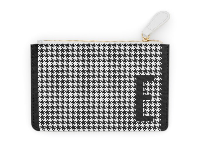 Houndstooth Black Mini Clutch – Personalized with Initial E | Vegan Leather Zippered Card Holder | Gift for Her | Stylish Mini Wallet