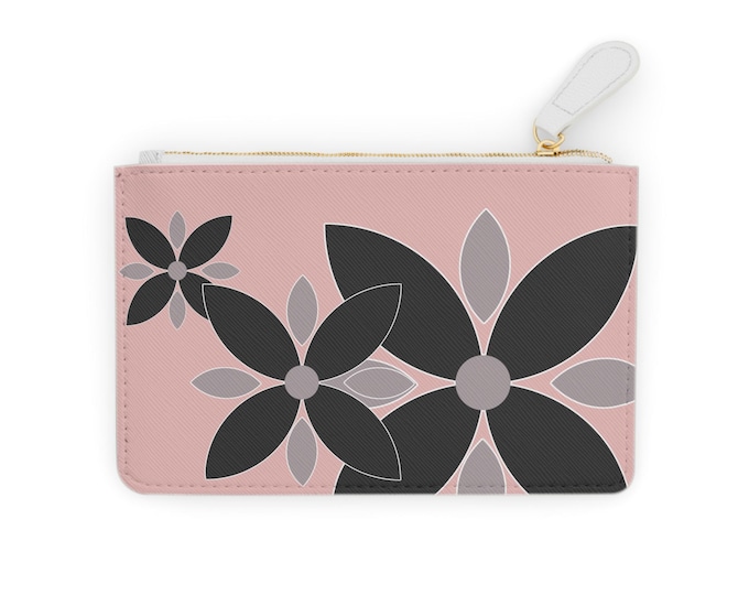 Black Floral Pattern Mini Clutch Bag | Pink Background, Zipper Wallet