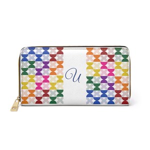 Personalized Womens Wallet, Rainbow Mid Century Modern, White with Initial U, Zippered Wallet