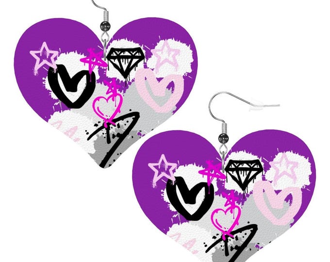 Purple Graffiti Heart Leather Earrings – Pink, White & Black Diamond Design, Lightweight Statement Jewelry