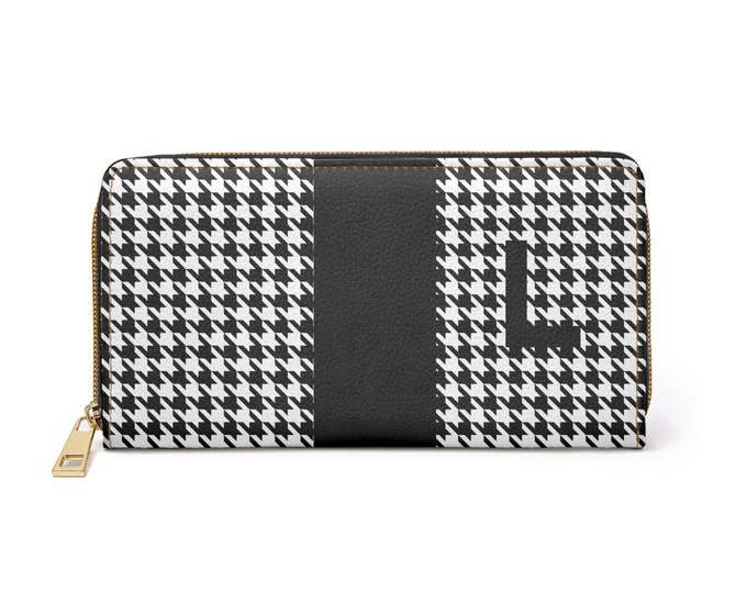 Personalized Houndstooth Wallet, Black & White Zippered Faux Leather Wallet with L Initial, Gift for Her, Iron Woman 80 Brand, Monogram