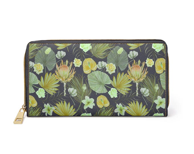 Tropical Floral Pattern Zipper Wallet | Pink Waterlily Leaves