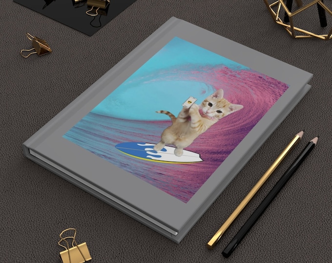 Mittens the Cat surfing gray Hardcover Journal Matte
