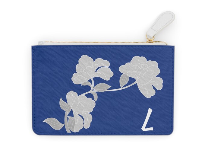 White and Blue Womens Floral Small Wallet, Personalized with your Initial, Zippered Cardholder, Initial L, Mini Clutch Bag