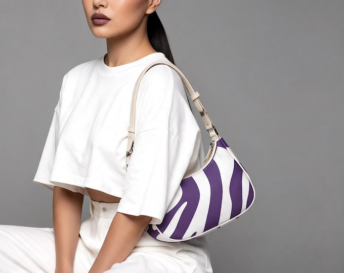 Purple White Zebra Print PU Leather Crescent Bag