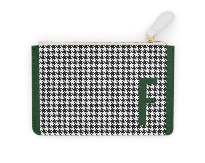Houndstooth Forrest Green Detail Initialized, F Initial, Personalized Mini Clutch Bag, Womens Zippered Card Holder
