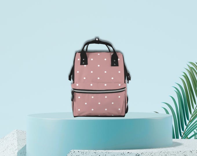Pink Polka Dot Diaper Bag Backpack | In Featherlight Pink with White Polka Dots, Large Capacity Mommy Travel Bag | Baby Shower Gift