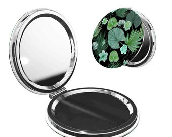 Green Tropical Lotus Pattern Round Shape Portable Pocket Mirror