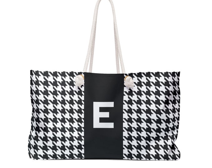 Black, and White with Black E Bag, Initialized Detail Womens Weekender Tote Bag, Personalized Bag, Initialized Handbag