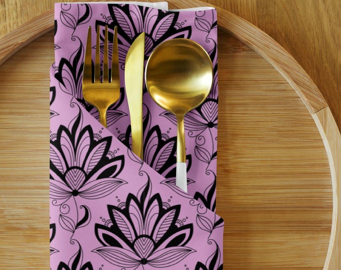 Light Pink & Black Succulent Napkin Set | Reusable Cloth Dinner Napkins 4-Pack | Sustainable Table Décor | Eco Kitchen Gift