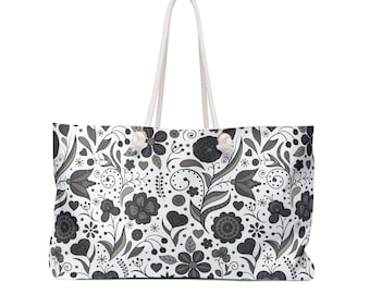 Black and White Floral Pattern Weekender Bag | Large Tote