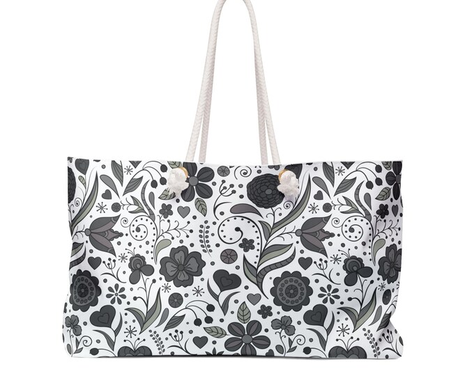 Black and White Floral Pattern Weekender Bag | Large Tote