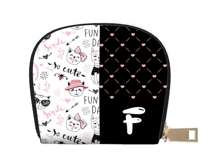 Cute Cats Wallet – Pink, Black & White | Personalized Initial F | Leather Semicircle Card Holder | Women’s Mini Wallet