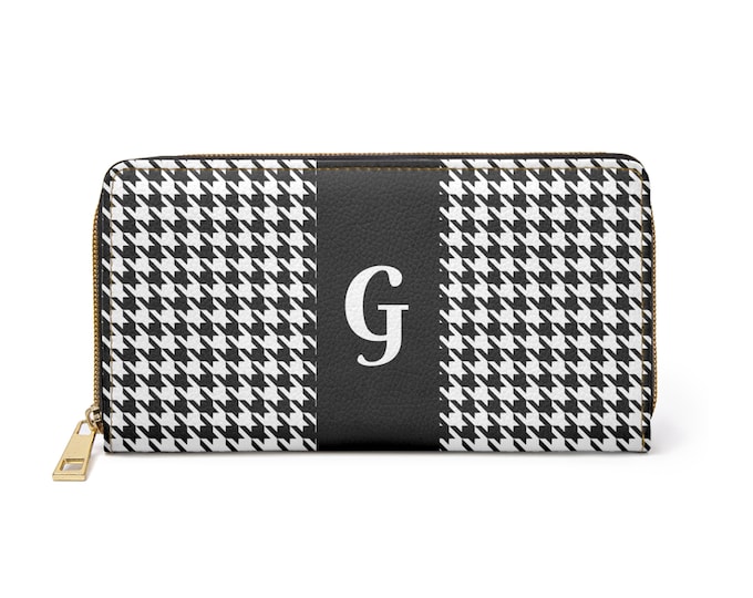 Houndstooth Black and White with White Initial G, Womens Zippered Wallet, Personalized Wallet, Womens Wallet