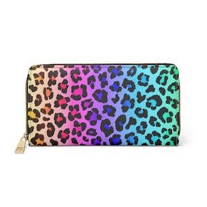 Carteira com zíper estampa arco-íris leopardo