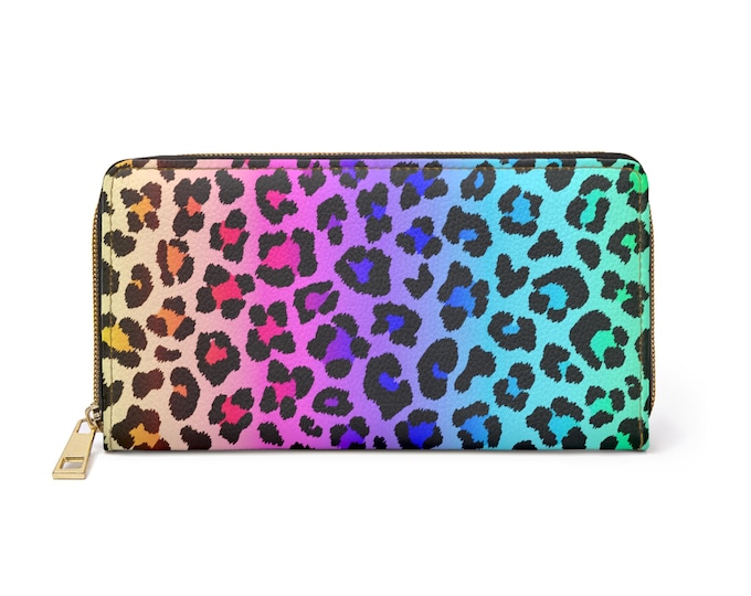 Leopard Rainbow Print Zipper Wallet – Cruelty-Free Faux Leather | Bold & Stylish Wallet for Cash, Cards, Checkbook | Gift for Her