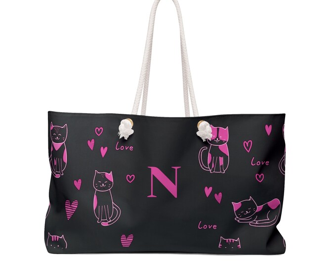 Cats and Hearts Weekender Tote Bag | Pink & Black Travel Bag | Personalized with Initial N | Gift for Cat Lovers, Women and Teens