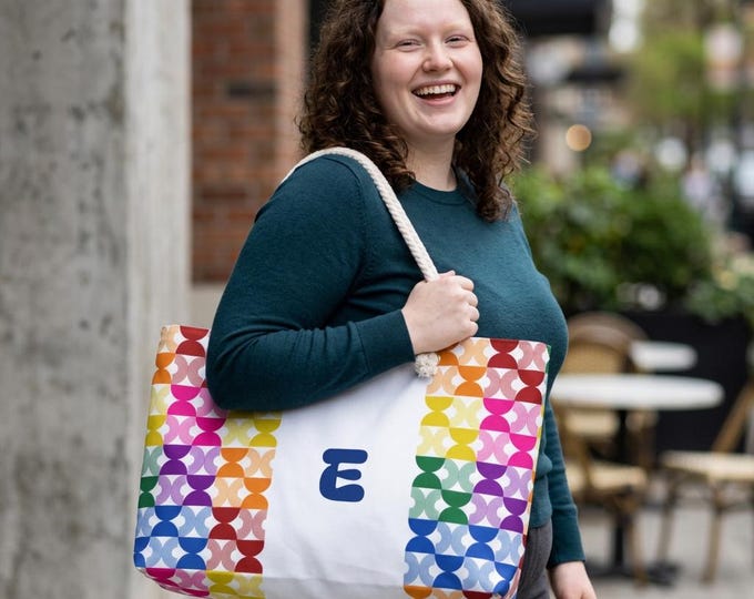 Personalized Womens Tote, Rainbow Mid Century Modern, White with Initial E, Weekender Bag