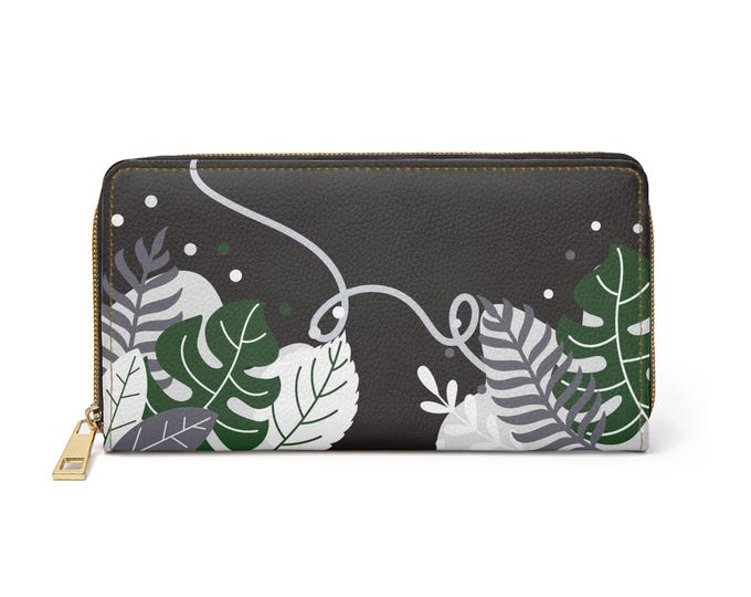 Tropical Monstera Leaf Zipper Wallet | Black and Green Botanical Leather Wallet
