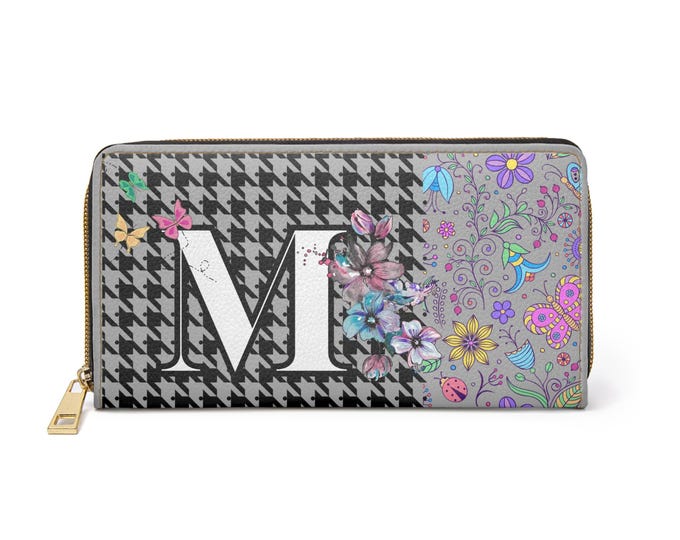 Floral Monogram Personalized Initial Gray Zipper Wallet | Houndstooth, Pastel Flowers