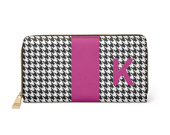 Houndstooth Black and White with Magenta K Initialized Detail Womens Zippered Wallet, Personalized Wallet, Initialized, Womens Wallet