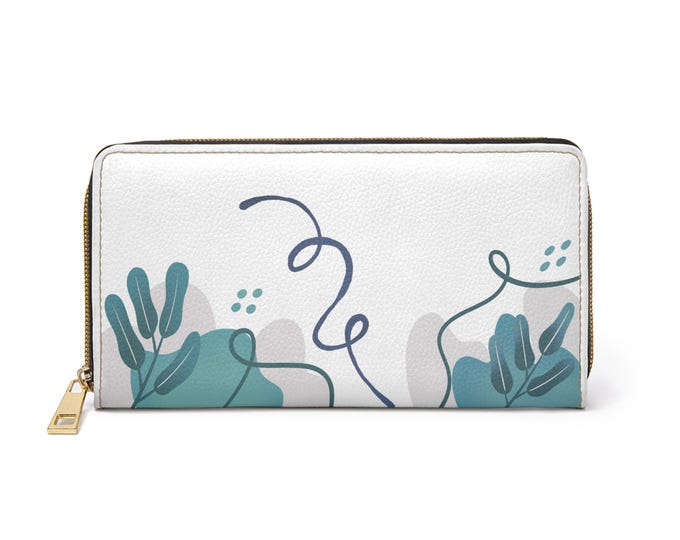 Teal Abstract Botanical Zipper Wallet | Floral Leaf Print Wallet