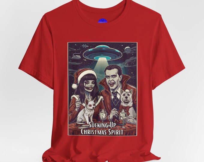 Vampire Family with Dogs Sucking Up Christmas Spirit Tee