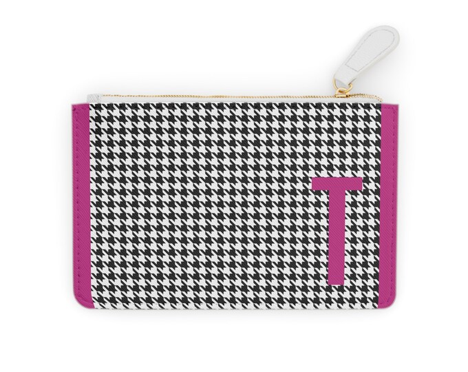 Houndstooth Magenta Detail Initialized, T Initial, Personalized Mini Clutch Bag, Womens Zippered Card Holder