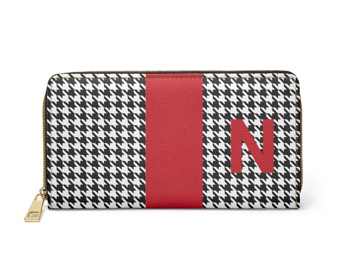 Houndstooth Black and White with Red N Initialized Detail Womens Zippered Wallet
