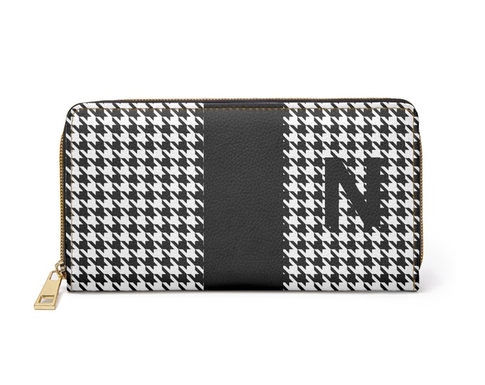 Personalized Houndstooth Wallet, Black & White Zippered Faux Leather Wallet with N Initial, Gift for Her, Iron Woman 80 Brand, Monogram