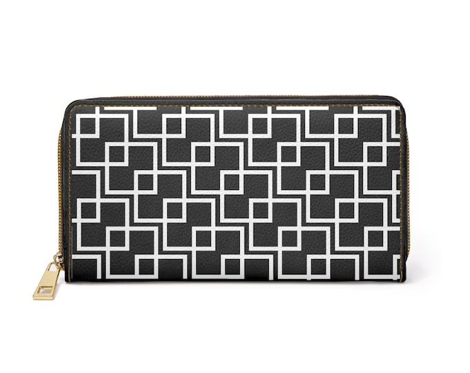 Geometric Interlocking Squares Zipper Wallet | Black White Patterned