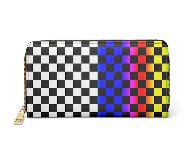Zippered Long Wallet – Black, White, Rainbow Checkered Pattern | Personalized Women’s Wallet
