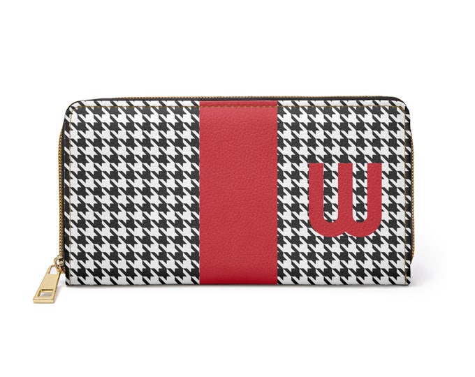 Houndstooth Black and White with Red W Initialized Detail Womens Zippered Wallet