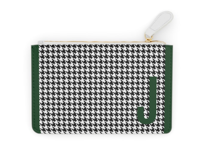 Houndstooth Forrest Green Detail Initialized, J Initial, Personalized Mini Clutch Bag, Womens Zippered Card Holder