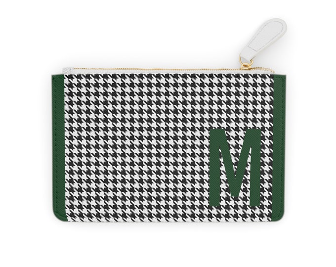 Houndstooth Forrest Green Detail Initialized, M Initial, Personalized Mini Clutch Bag, Womens Zippered Card Holder