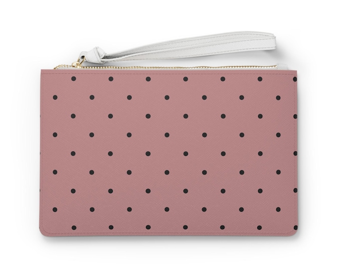 Chic Polka Dot Clutch Bag – Featherlight Pink with Black Dots, Minimalist, Wristlet Purse, Elegant Gift for Women