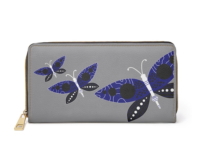 Blue Patterned Butterflies Zipper Wallet | Gray Leather Look Wallet