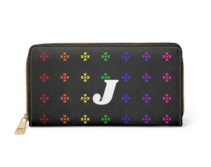 Rainbow Native Stars Womens Wallet, Personalized with White Initial J, Initialized Zipper Wallet