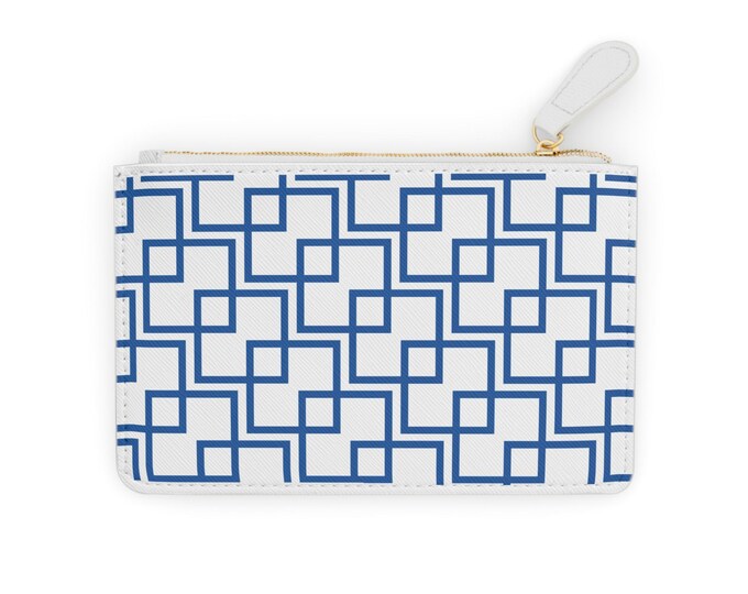 Blue Geometric Square Pattern Mini Clutch Bag | Modern Grid Design