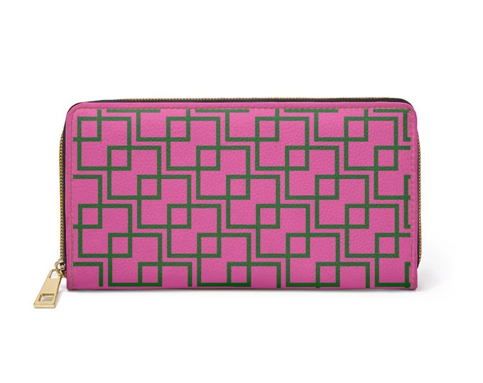 Geometric Interlocking Squares Zipper Wallet | Pink and Green Pattern
