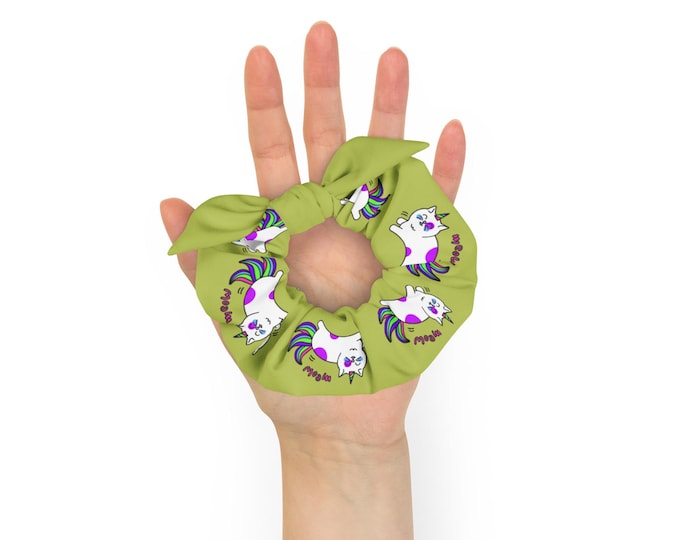 Lime Cute Cat Flying Recycled Scrunchie