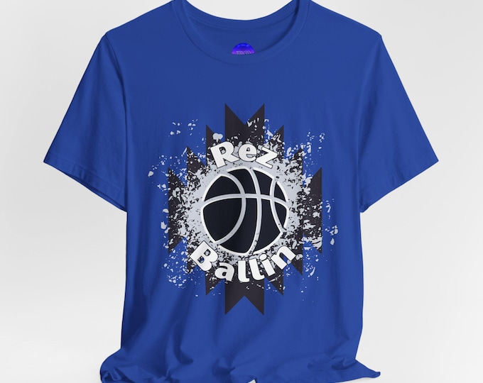 Rez Ballin Graphic Tee – White or Blue | Unisex Native-Inspired Jersey T-Shirt | Soft Cotton Basketball Shirt | Indigenous Streetwear