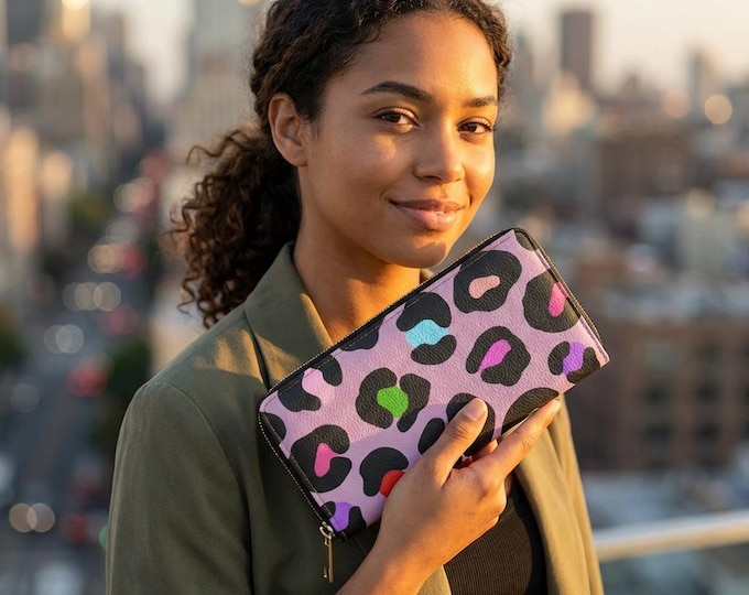 Rainbow Leopard Pink Pattern Zippered Long Wallet