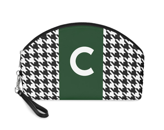 Houndstooth Makeup Bag: Personalized Initial C, Forrest Green