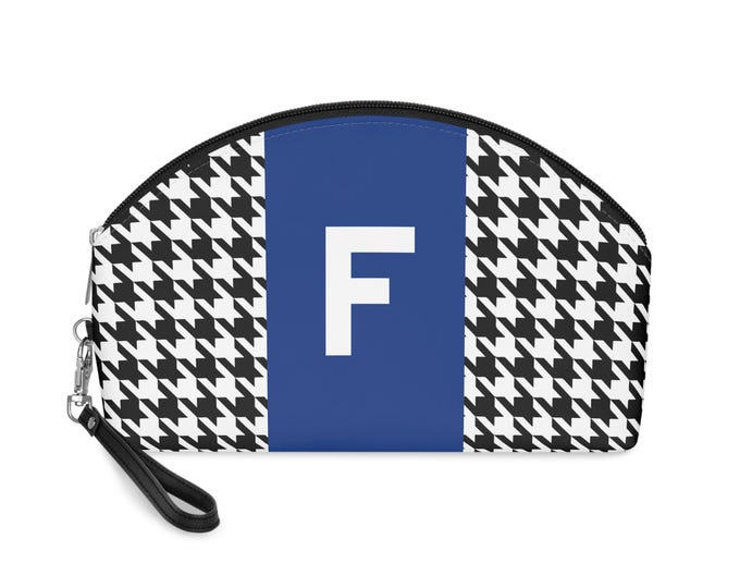 Blue, Black, and White Houndstooth patterned Makeup Bag, Personalized with Initial F, Her Makeup bag, Initialized