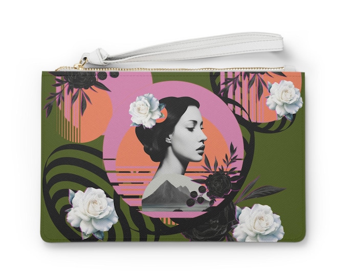 Clean Girl Minimalist Warrior Olive Chic Floral Clutch Bag | Stylish Gift for Her | Versatile Wristlet for Weddings, Parties, or Night Out