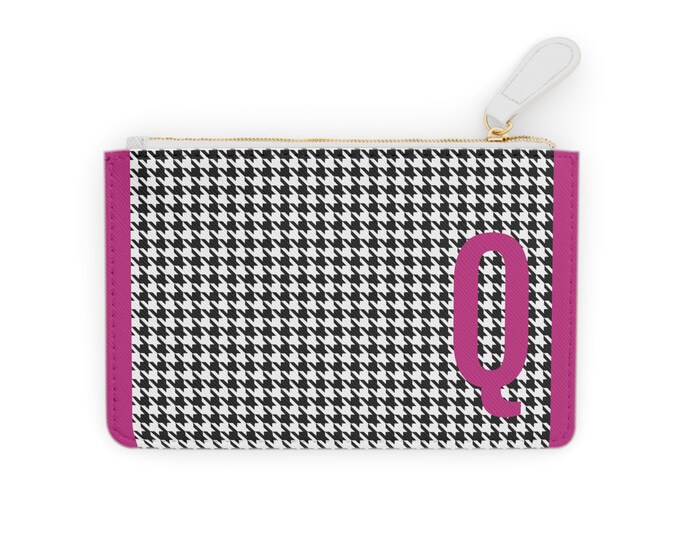 Houndstooth Magenta Initial Q Mini Clutch Bag | Personalized Zippered Wallet | Vegan Card Holder | Gift for Her | Iron Woman 80