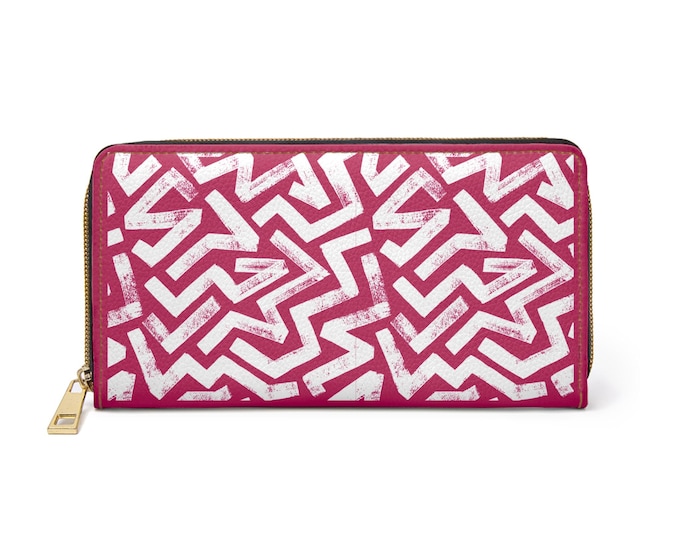 Fushia White Geometric Star Pattern Zipper Wallet | Abstract Monochrome Design