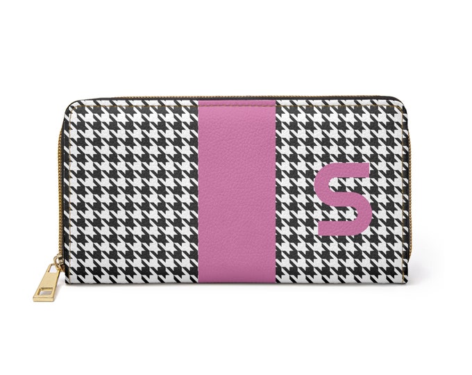 Houndstooth Black and White with Pink S Initialized Detail Womens Zippered Wallet, Personalized Wallet, Initialized, Womens Wallet